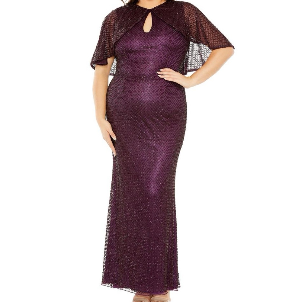 Mac Duggal NWT 20W fully Beaded Cape style Formal Gown #5948 Amethyst Purple